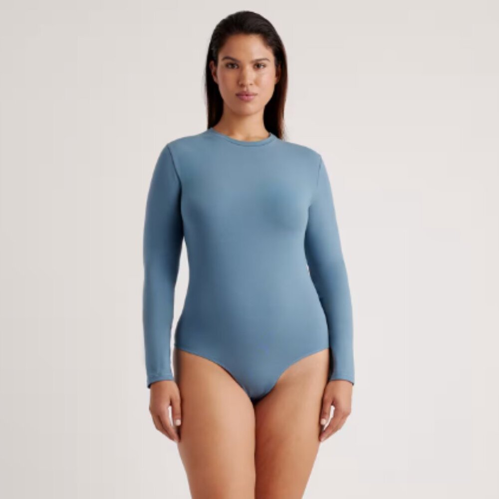 Quince Long-Sleeve Crewneck Bodysuit in Dusty Blue